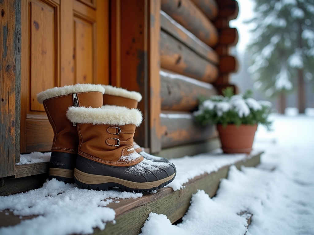 Śniegowce na schodku chatki, obok doniczka z rośliną, w tle śnieg i las.