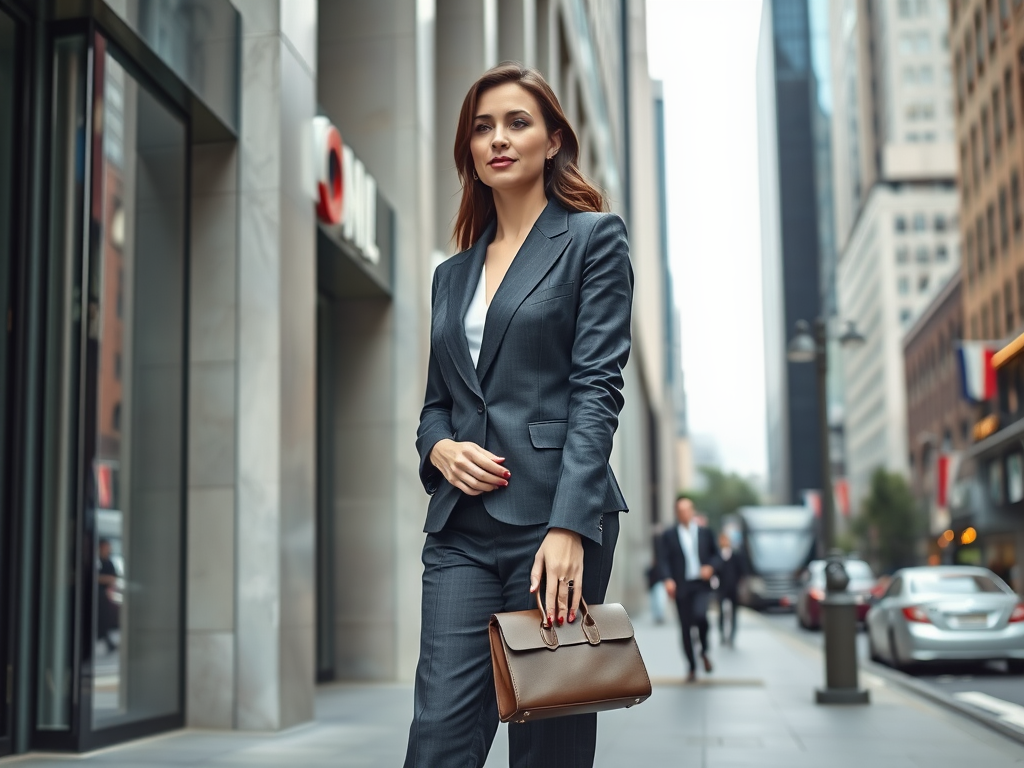 Młoda kobieta w eleganckim garniturze idzie ulicą w centrum miasta, trzymając torbę na ramieniu.