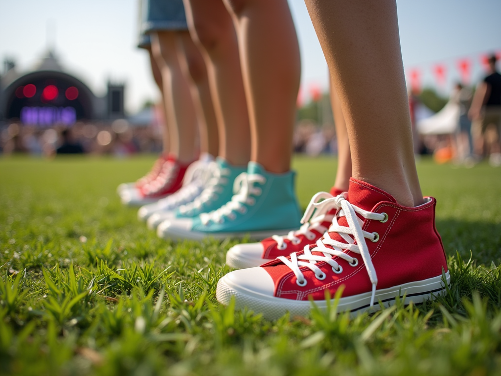 Czerwone i błękitne trampki na trawie z ludźmi w tle przy scenie na festiwalu.