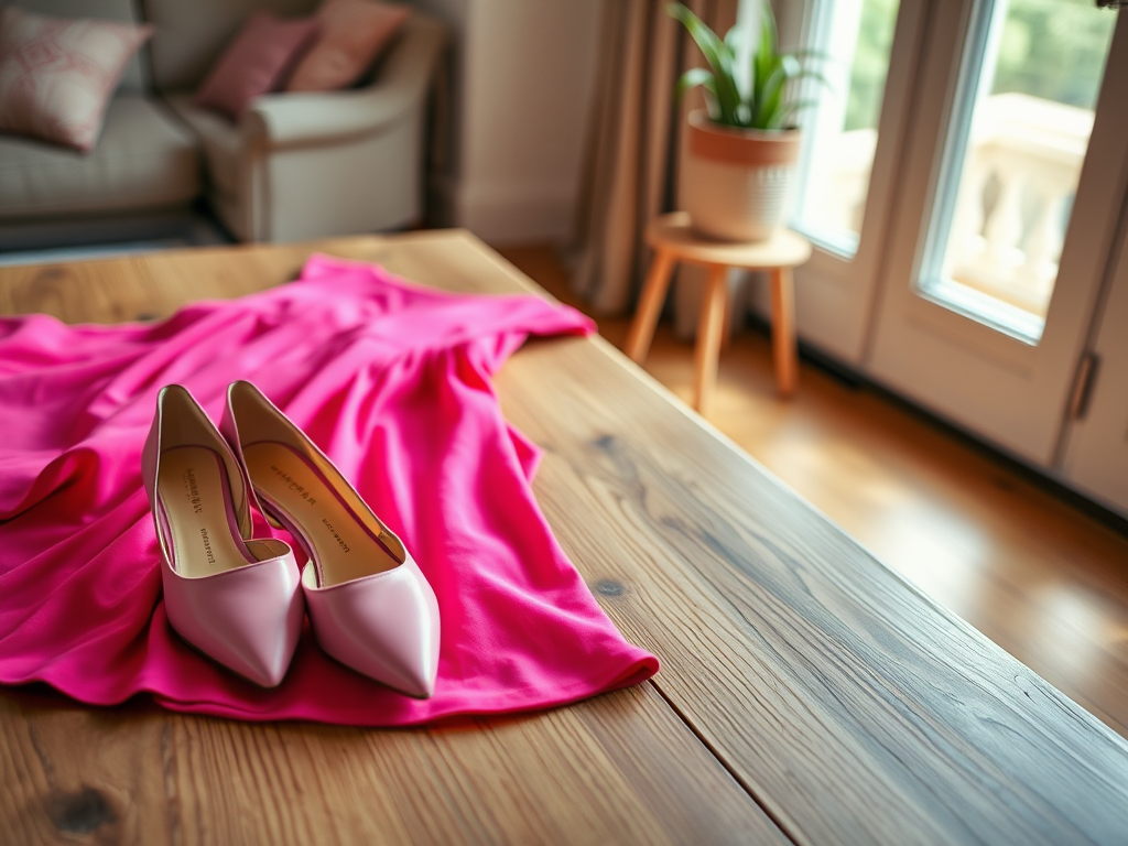 Różowa sukienka leży na stole, obok niej eleganckie różowe szpilki w jasnym wnętrzu z rośliną.