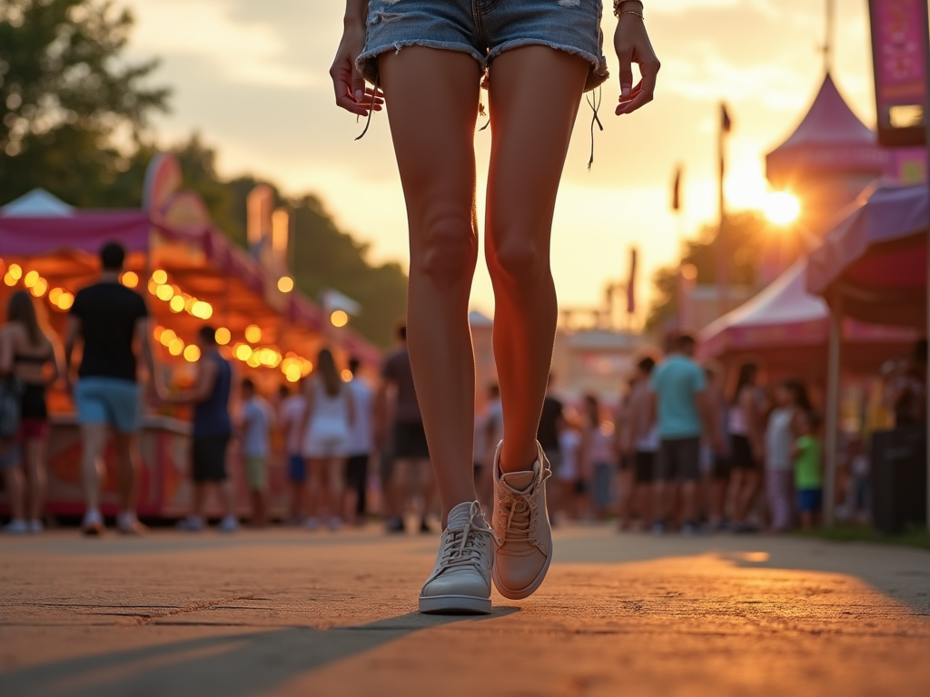 Kobieta spaceruje wśród tłumu na festiwalu przy zachodzie słońca.